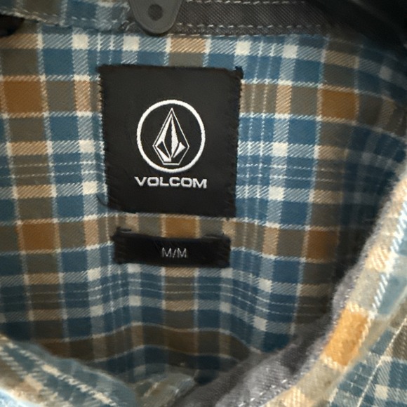 Men's Volcom Plaid Flannel Long Sleeve Shirt Size Medium Blue Gold Fall Hike EUC - Picture 4 of 8